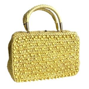 Vintage 50s 60s Yellow Straw Raffia Beaded Bag Top Handle Purse Retro Handbag